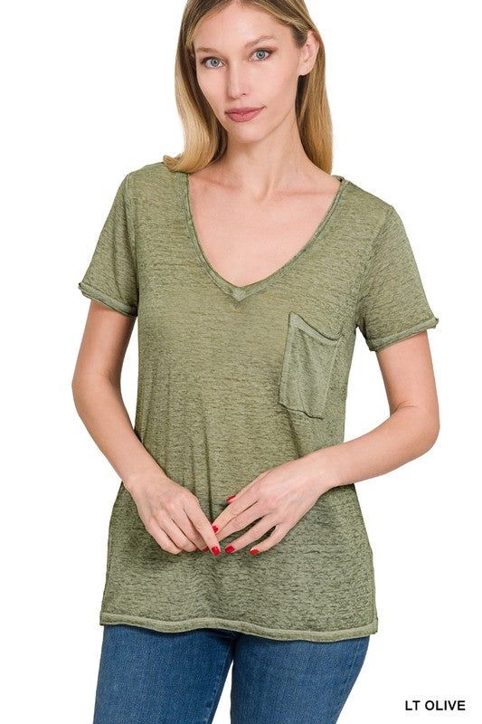 Zenana Washed Melange Burnout Scoop V-Neck Top us.meeeshop - Shirts & Tops