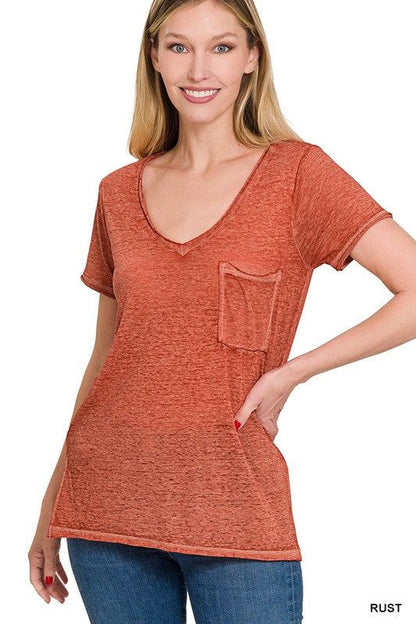 Zenana Washed Melange Burnout Scoop V-Neck Top us.meeeshop - 