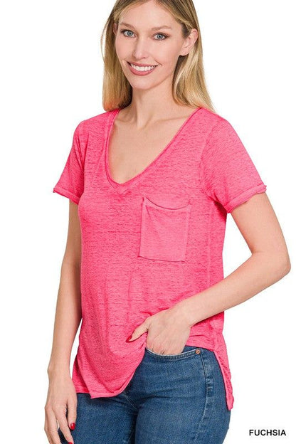 Zenana Washed Melange Burnout Scoop V-Neck Top us.meeeshop - 