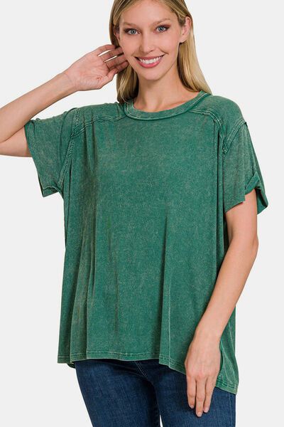 Zenana Washed Ribbed Short Sleeve Top us.meeeshop - Shirts & Tops