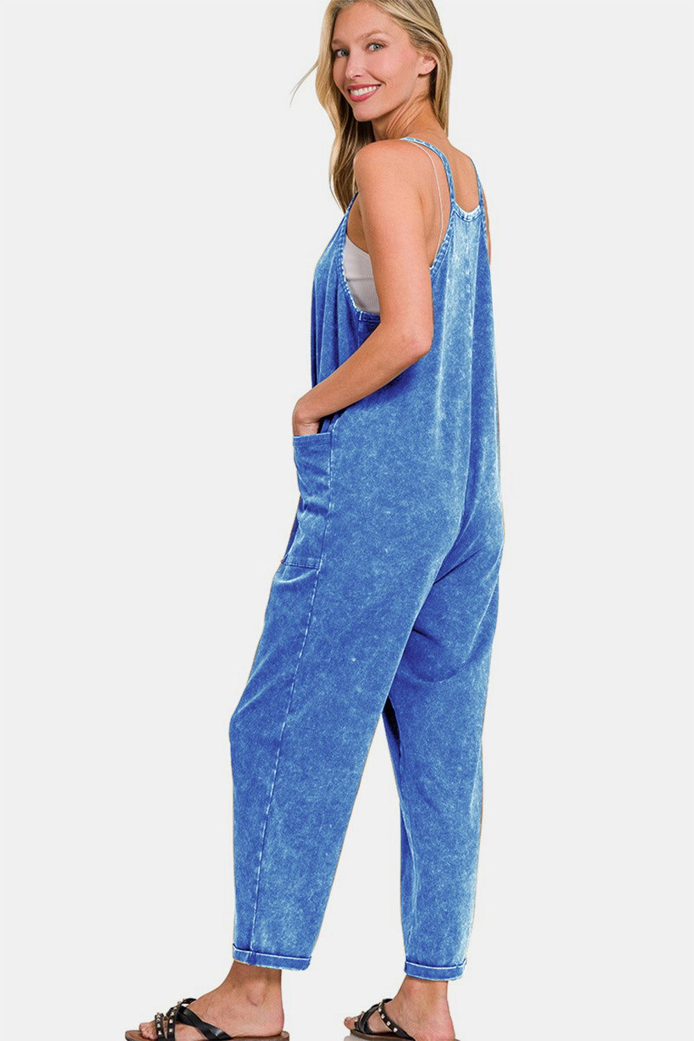 Zenana Washed Spaghetti Straps Overalls with Pockets In Blue us.meeeshop - 