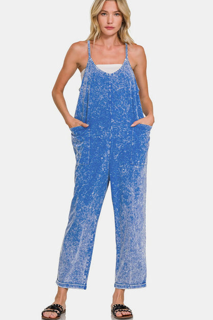 Zenana Washed Spaghetti Straps Overalls with Pockets In Blue us.meeeshop - Jumpsuits & Rompers