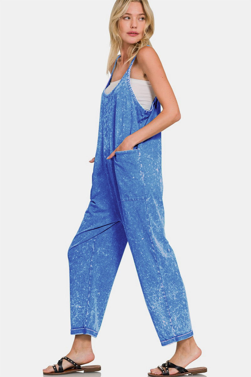 Zenana Washed Spaghetti Straps Overalls with Pockets In Blue us.meeeshop - 