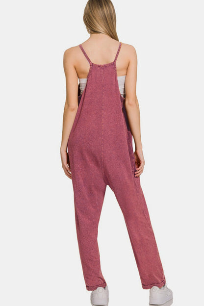 Zenana Washed Spaghetti Straps Overalls with Pockets In Burgundy us.meeeshop - 