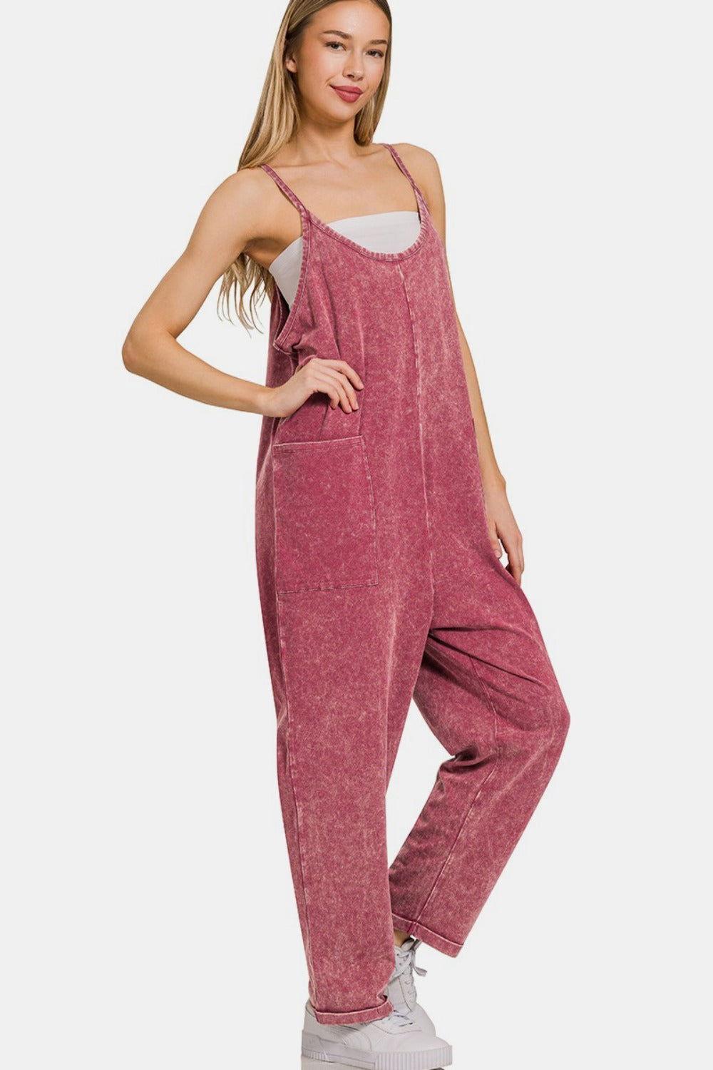 Zenana Washed Spaghetti Straps Overalls with Pockets In Burgundy us.meeeshop - 