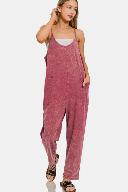 Zenana Washed Spaghetti Straps Overalls with Pockets In Burgundy us.meeeshop - Jumpsuits & Rompers