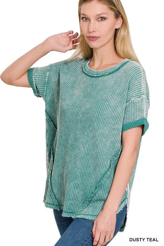 Zenana Washed Waffle Rolled Up Short Sleeve Top us.meeeshop - 