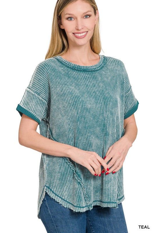 Zenana Washed Waffle Rolled Up Short Sleeve Top us.meeeshop - 