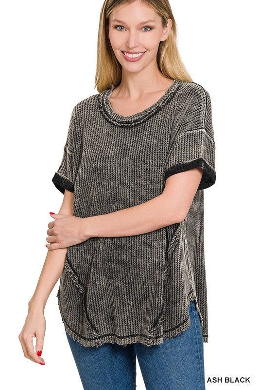 Zenana Washed Waffle Rolled Up Short Sleeve Top us.meeeshop - 