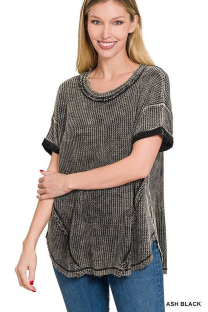 Zenana Washed Waffle Rolled Up Short Sleeve Top us.meeeshop - 