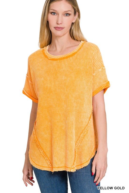 Zenana Washed Waffle Rolled Up Short Sleeve Top us.meeeshop - 