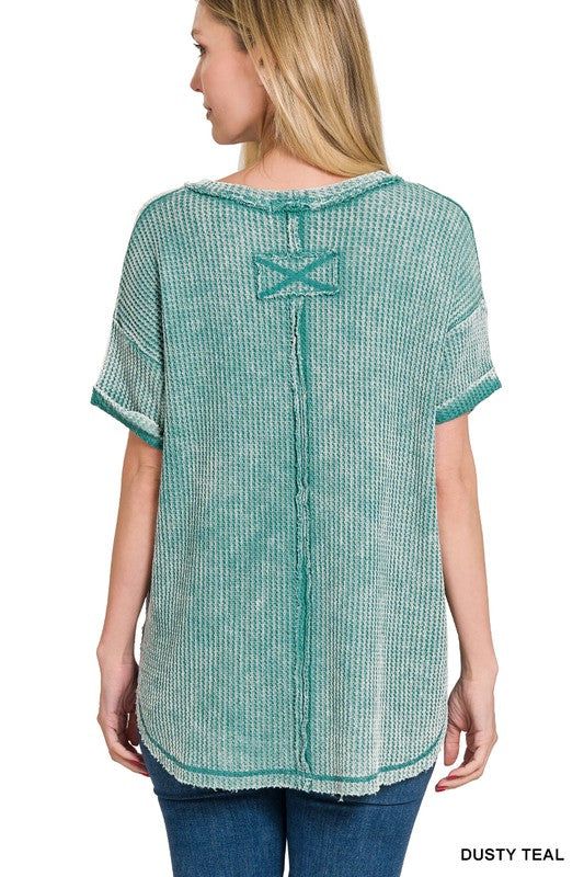 Zenana Washed Waffle Rolled Up Short Sleeve Top us.meeeshop - 