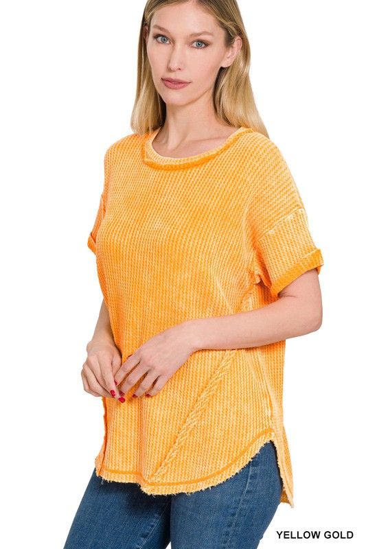 Zenana Washed Waffle Rolled Up Short Sleeve Top us.meeeshop - 