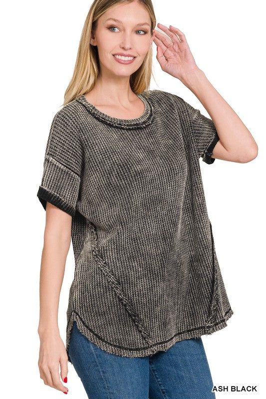 Zenana Washed Waffle Rolled Up Short Sleeve Top us.meeeshop - 