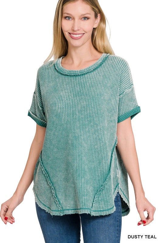 Zenana Washed Waffle Rolled Up Short Sleeve Top us.meeeshop - Shirts & Tops