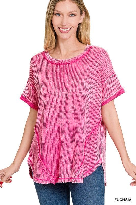 Zenana Washed Waffle Rolled Up Short Sleeve Top us.meeeshop - 