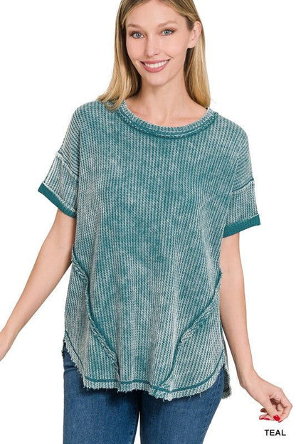 Zenana Washed Waffle Rolled Up Short Sleeve Top us.meeeshop - 