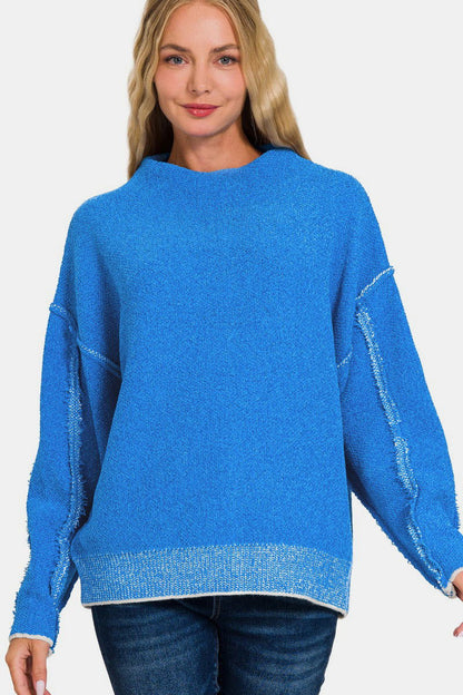 Zenana Women's Exposed Seam Mock Neck Long Sleeve Sweater us.meeeshop - Shirts & Tops