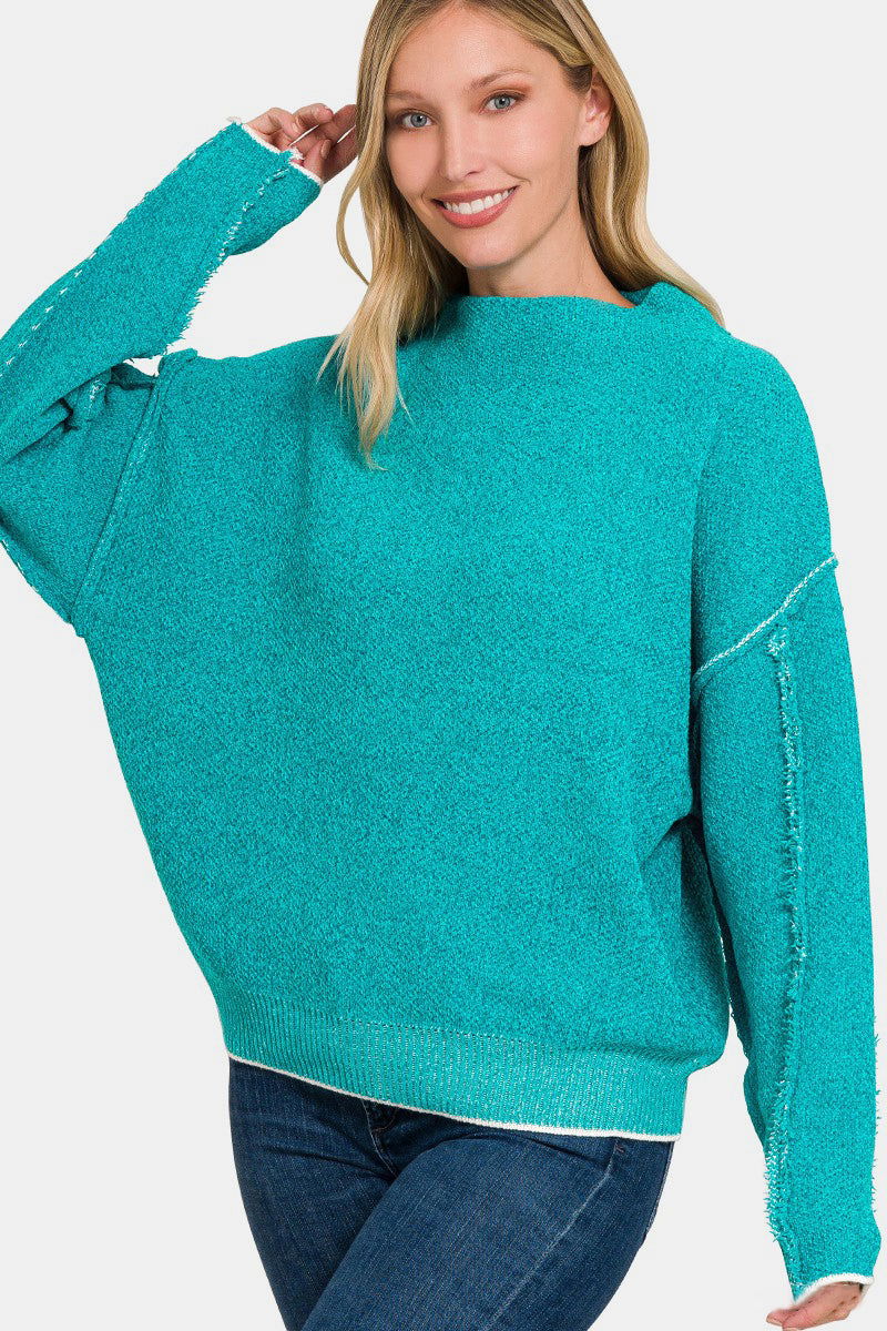 Zenana Women's Exposed Seam Mock Neck Long Sleeve Sweater us.meeeshop - Shirts & Tops