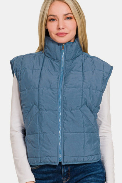 Zenana Zip Up Cropped Puffer Vest with Pockets In Blue us.meeeshop - 