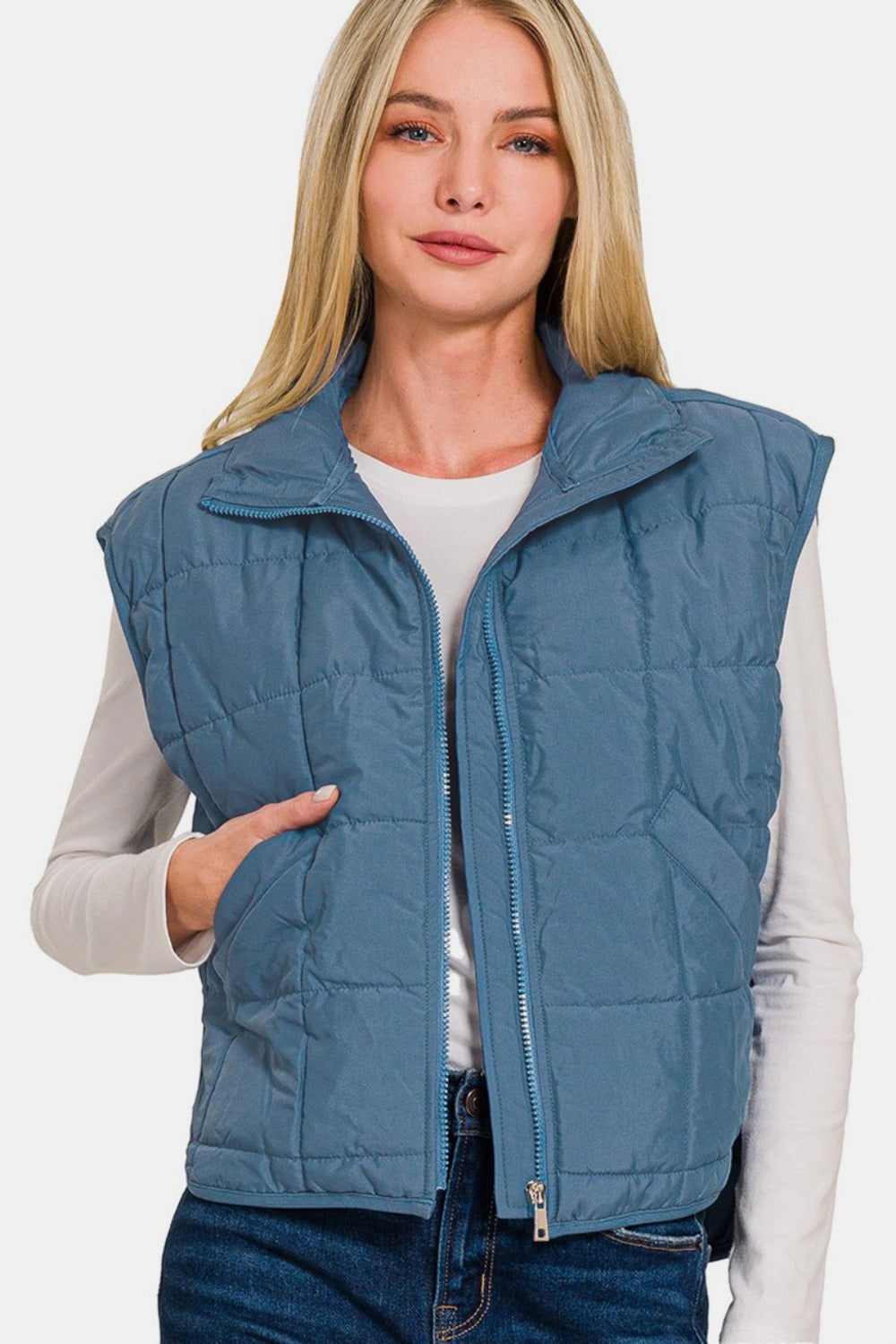 Zenana Zip Up Cropped Puffer Vest with Pockets In Blue us.meeeshop - Vests