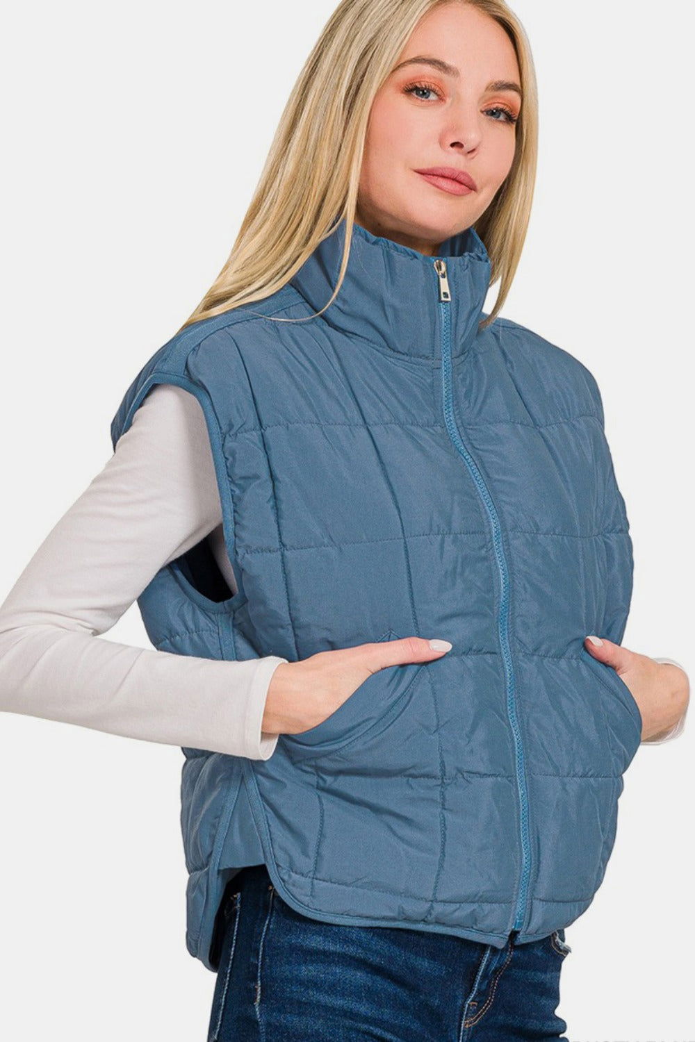 Zenana Zip Up Cropped Puffer Vest with Pockets In Blue us.meeeshop - 