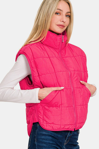 Zenana Zip Up Cropped Puffer Vest with Pockets In Pink us.meeeshop - 