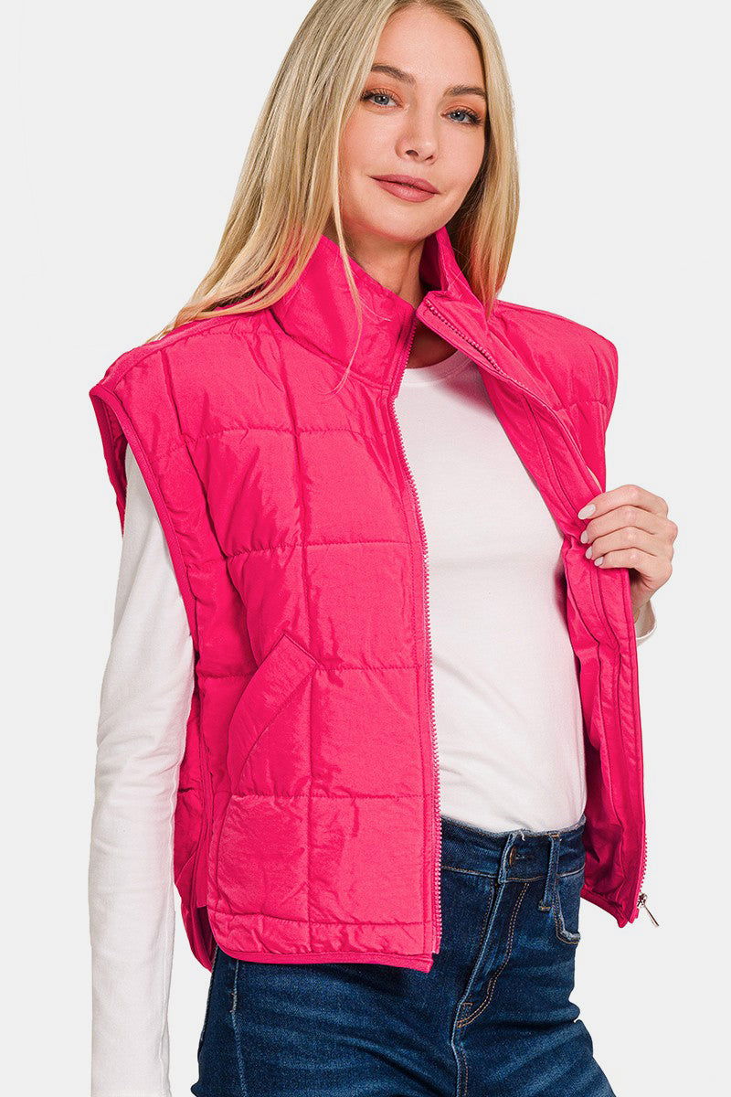 Zenana Zip Up Cropped Puffer Vest with Pockets In Pink us.meeeshop - 