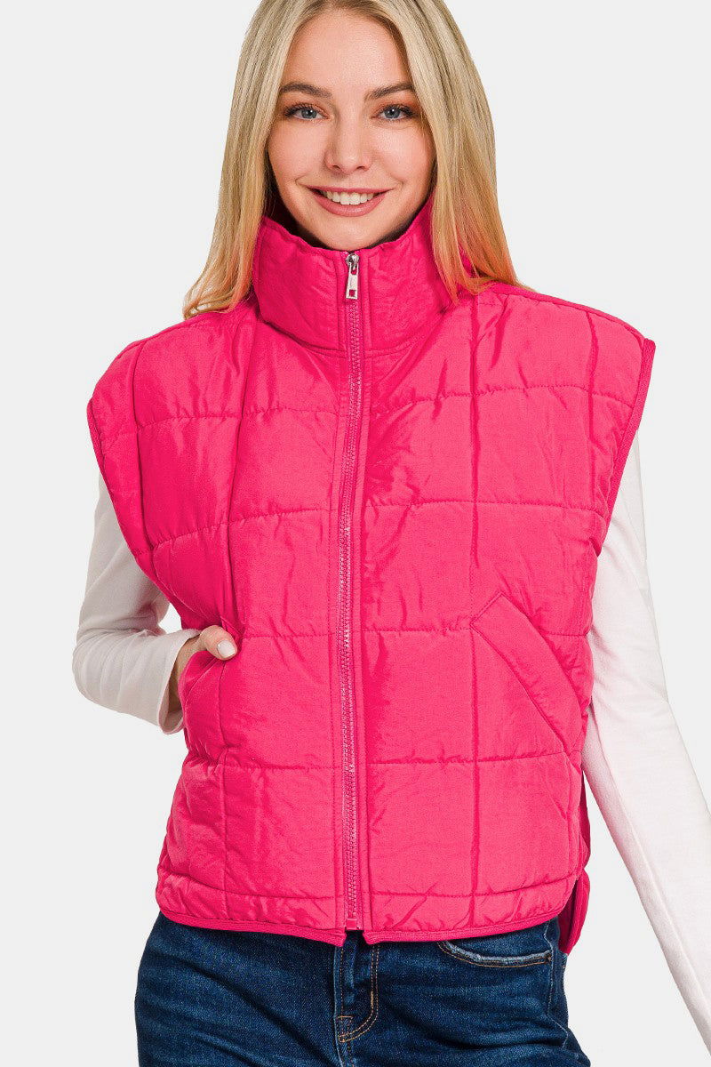 Zenana Zip Up Cropped Puffer Vest with Pockets In Pink us.meeeshop - Vests