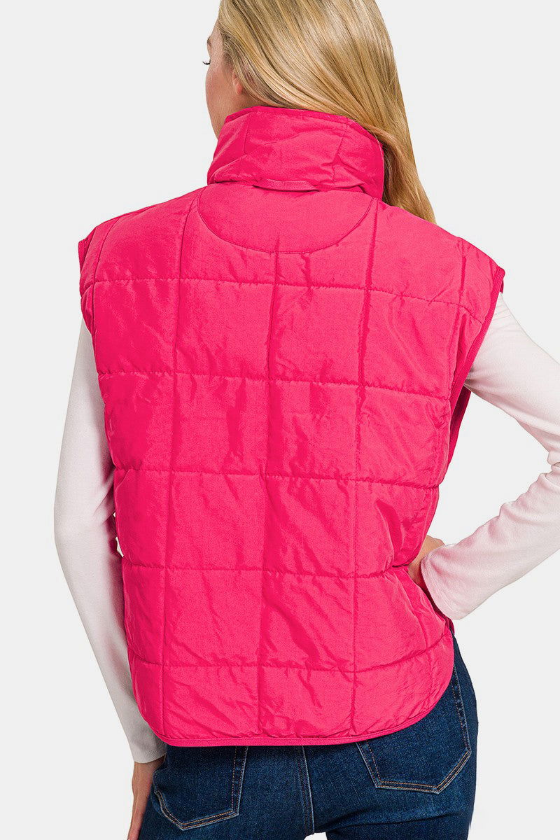 Zenana Zip Up Cropped Puffer Vest with Pockets In Pink us.meeeshop - 