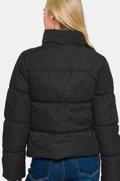 Zenana Zip Up Turtleneck Puffer Jacket with Pockets In Black us.meeeshop - 