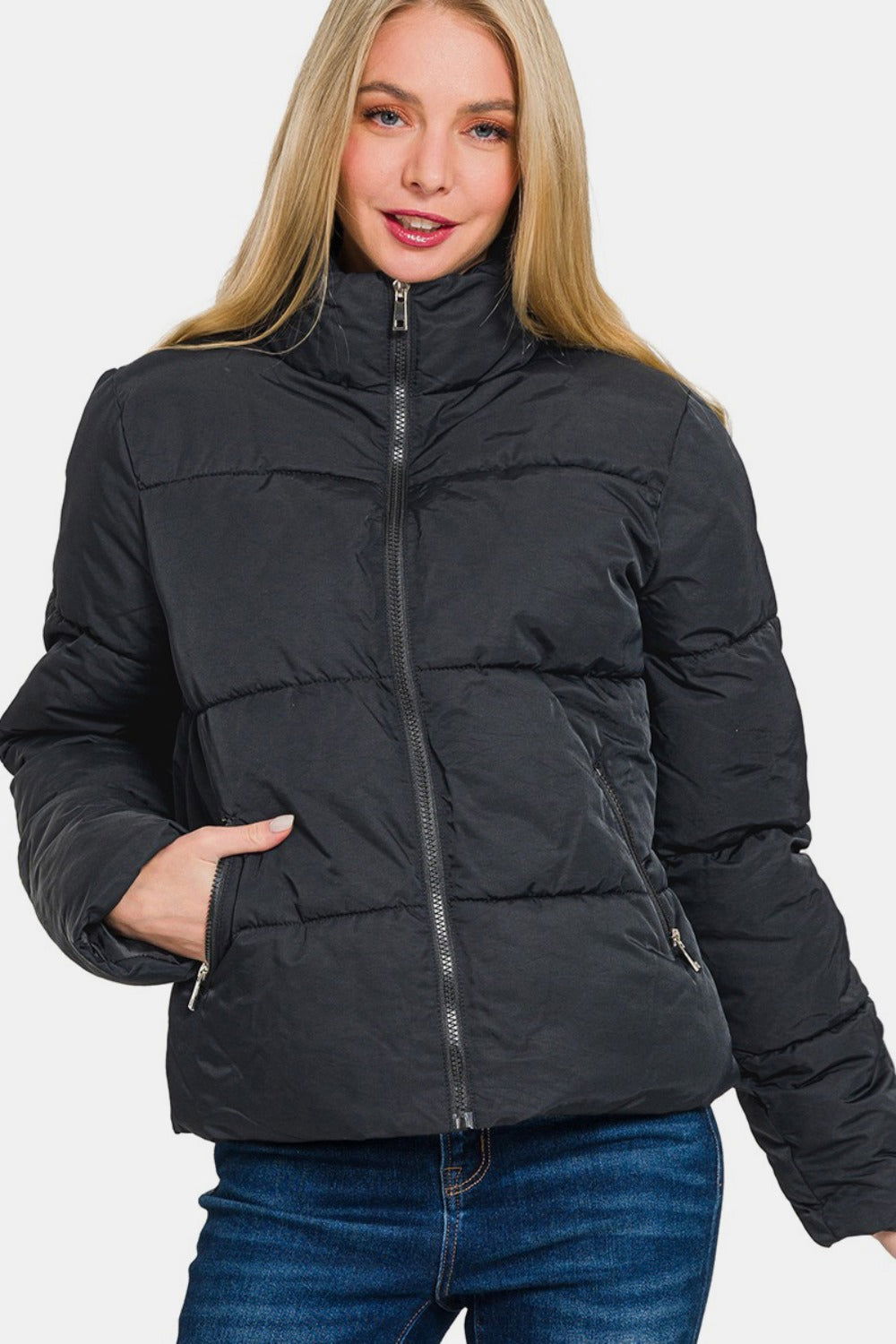 Zenana Zip Up Turtleneck Puffer Jacket with Pockets In Black us.meeeshop - 