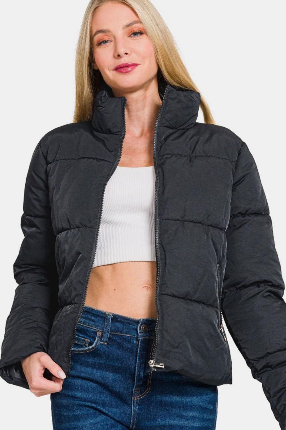 Zenana Zip Up Turtleneck Puffer Jacket with Pockets In Black us.meeeshop - Coats & Jackets