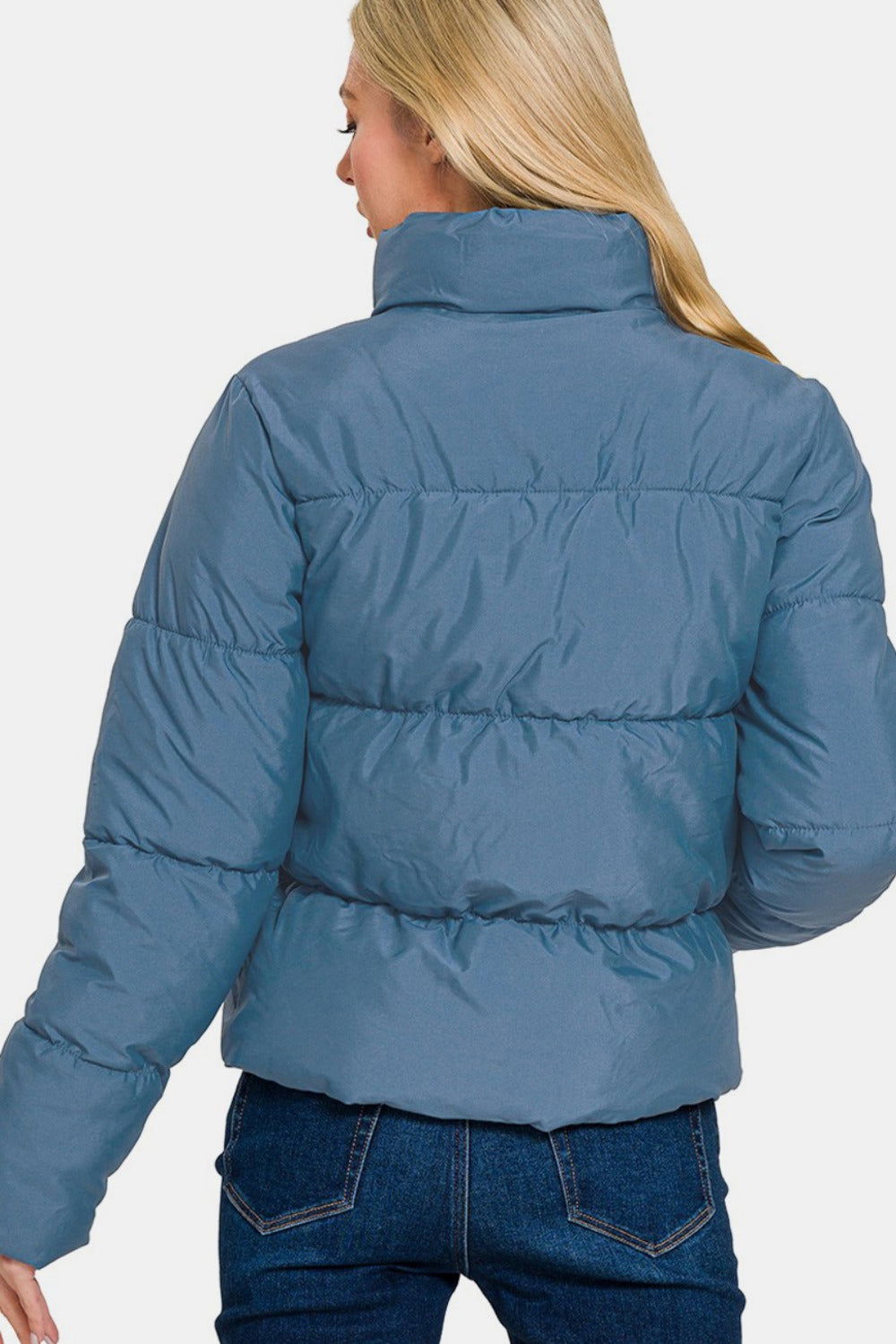 Zenana Zip Up Turtleneck Puffer Jacket with Pockets In Blue us.meeeshop - 