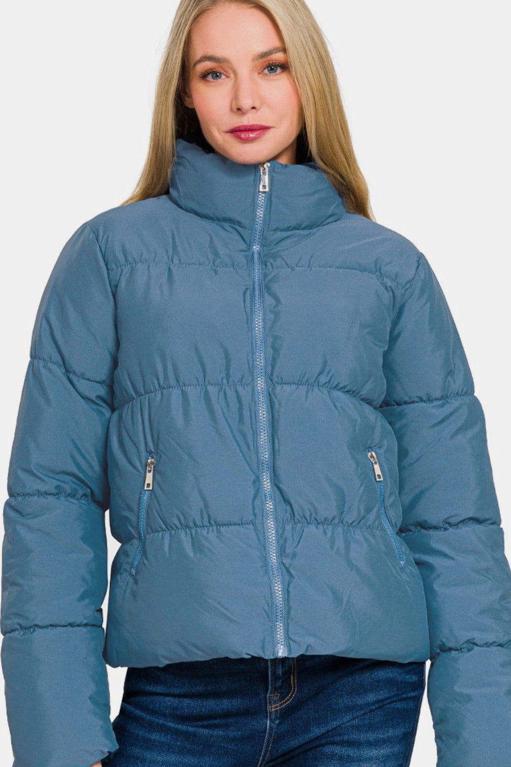 Zenana Zip Up Turtleneck Puffer Jacket with Pockets In Blue us.meeeshop - 