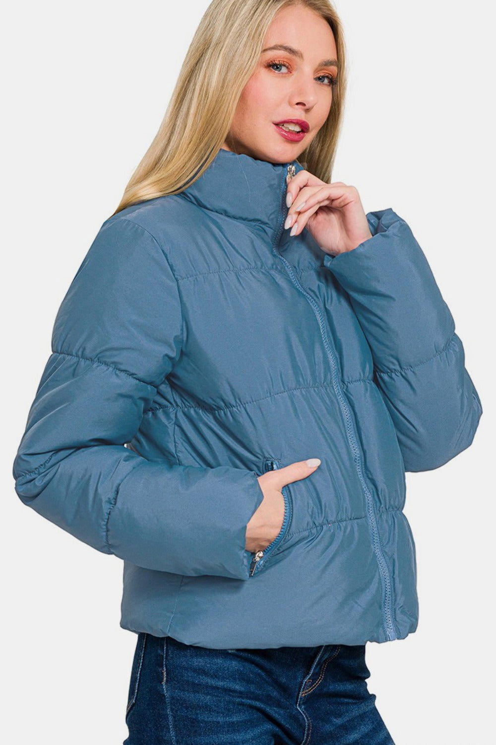 Zenana Zip Up Turtleneck Puffer Jacket with Pockets In Blue us.meeeshop - 