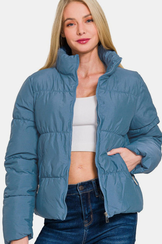 Zenana Zip Up Turtleneck Puffer Jacket with Pockets In Blue us.meeeshop - Coats & Jackets