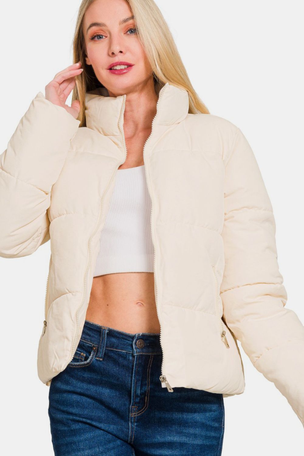 Zenana Zip Up Turtleneck Puffer Jacket with Pockets us.meeeshop - 