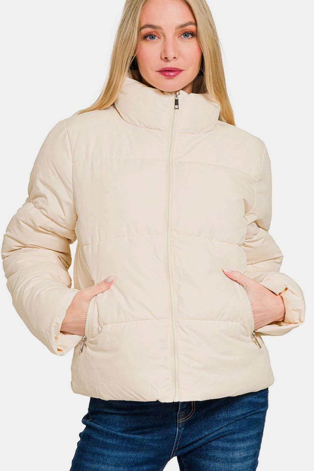 Zenana Zip Up Turtleneck Puffer Jacket with Pockets us.meeeshop - Coats & Jackets