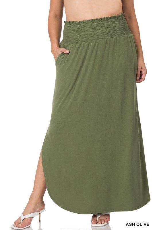 Zenana Plus Smocked Waist Side Slit Maxi Skirt - us.meeeshop