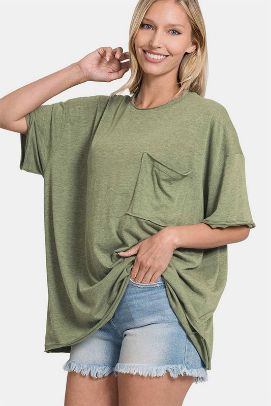 Zenana Drop Shoulder Oversized Front Pocket T-Shirt - us.meeeshop
