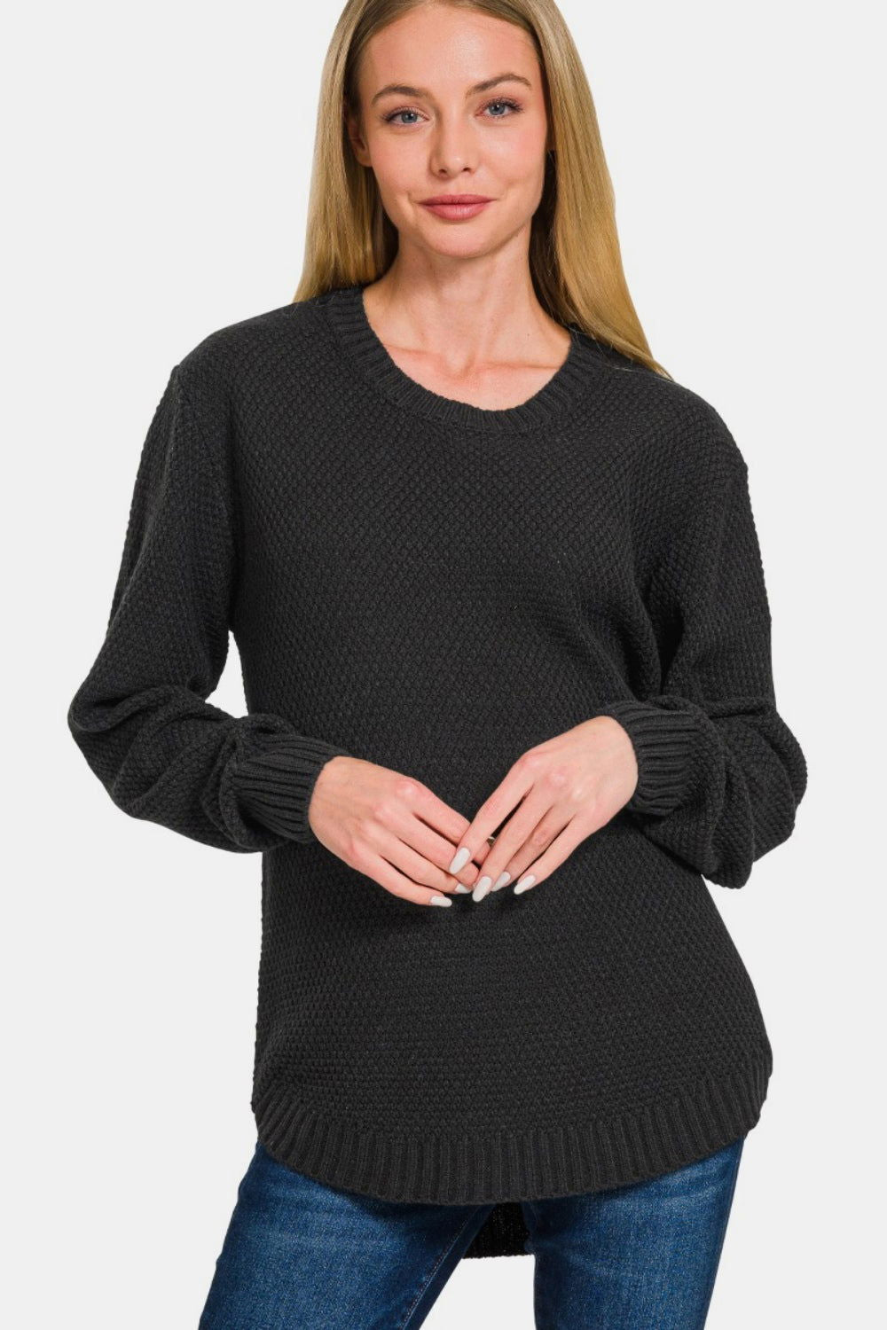 Women's Zenana Ful Size Round Neck Long Sleeve Curved Hem Sweater - us.meeeshop