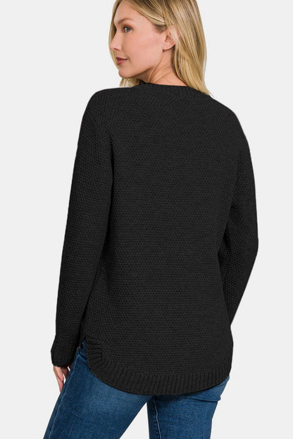 Women's Zenana Ful Size Round Neck Long Sleeve Curved Hem Sweater - us.meeeshop