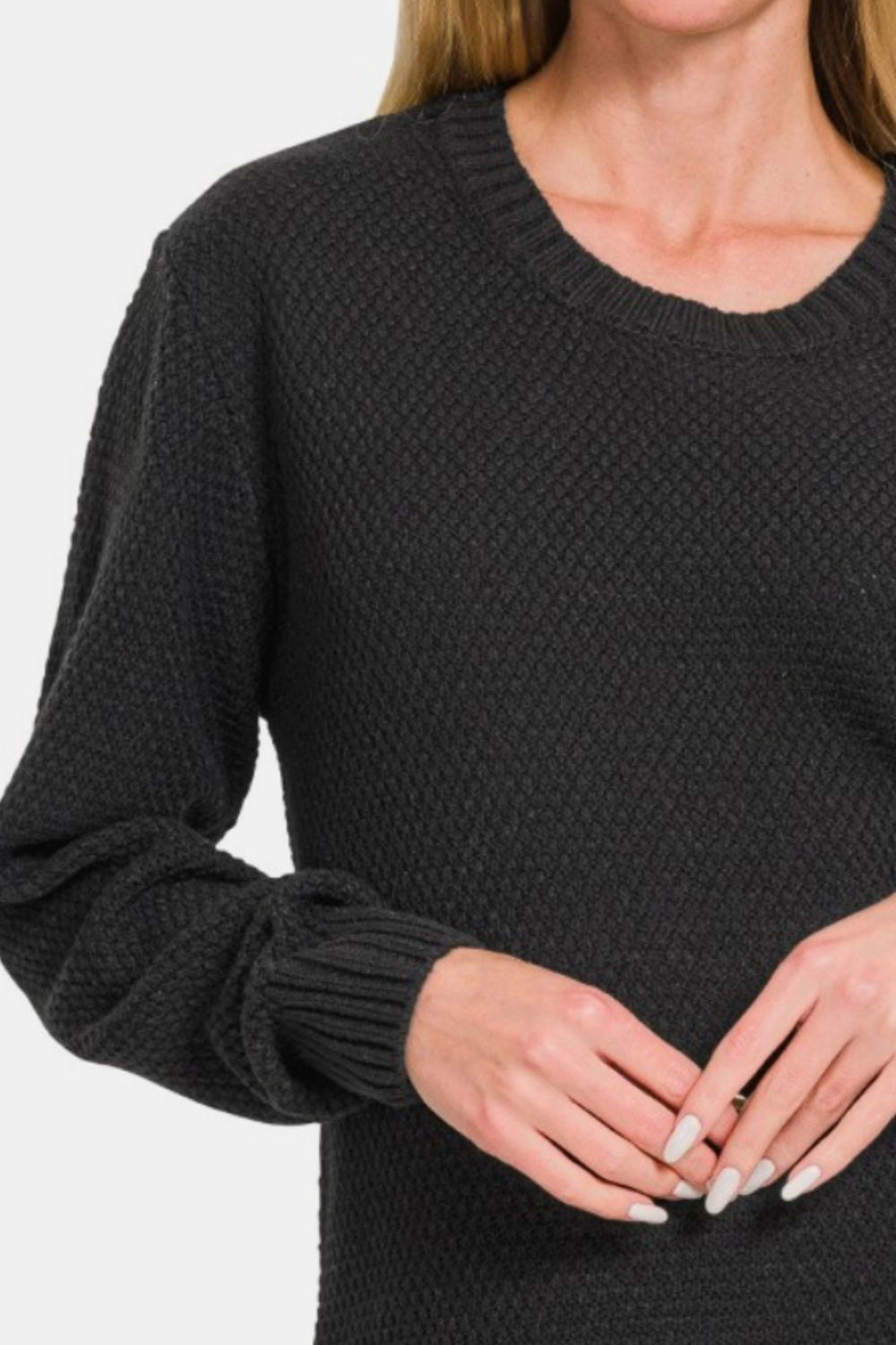 Women's Zenana Ful Size Round Neck Long Sleeve Curved Hem Sweater - us.meeeshop