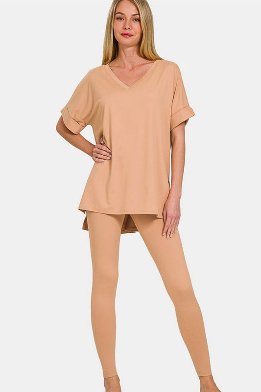 Zenana Full Size V-Neck Rolled Short Sleeve T-Shirt and Leggings Lounge Set - us.meeeshop