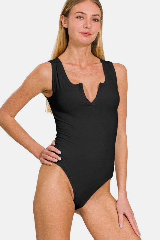 Zenana Microfiber Notched Sleeveless Bodysuit - us.meeeshop