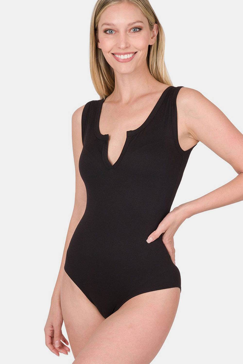 Zenana Microfiber Notched Sleeveless Bodysuit - us.meeeshop