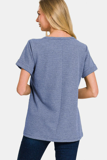 Zenana Notched Short Sleeve Waffle T-Shirt - us.meeeshop