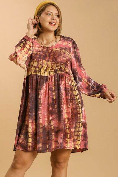 Umgee Tie Dye Long Sleeve Babydoll Dress with Keyhole Plus Size - us.meeeshop