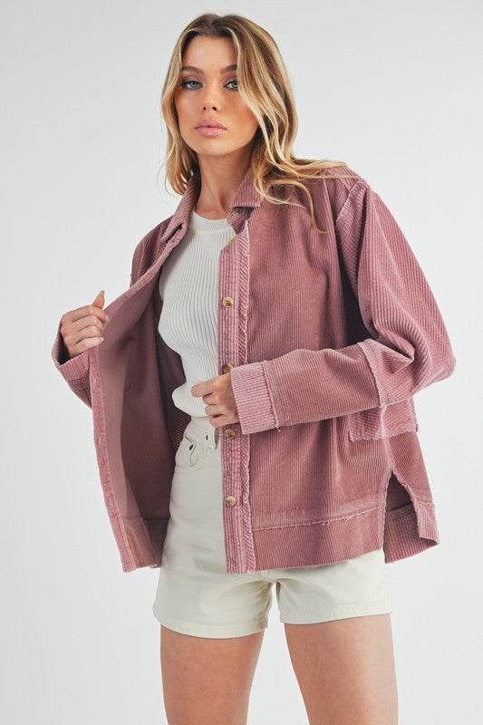 Aemi + Co Side Slit Exposed Seam Button Up Corduroy Jacket - us.meeeshop